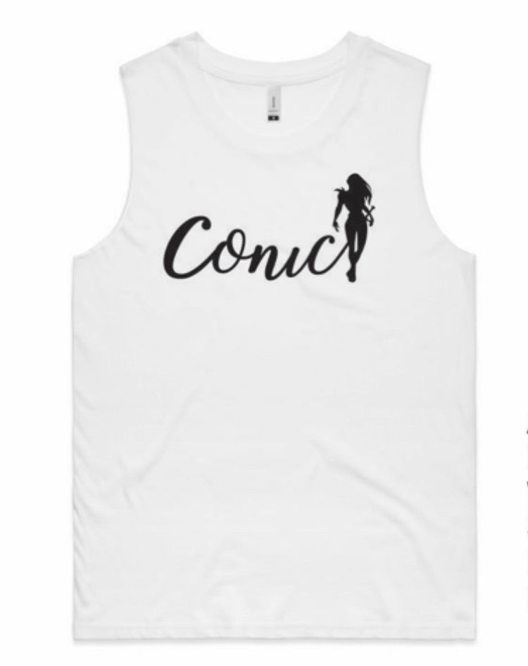 Conic Women's White Muscle Tee .  SOLD OUT